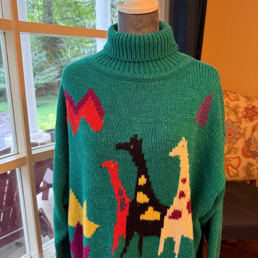 Vtg Le Moda Giraffe Sweater XL Oversized Turtleneck Animal Intarsia 80s 90s